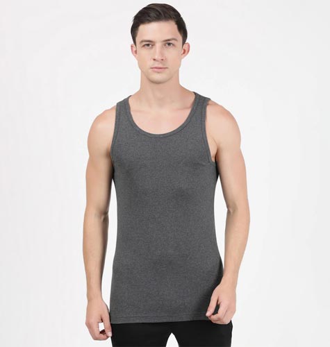 Men Charcoal Grey Solid Cotton Innerwear Basic Vest
